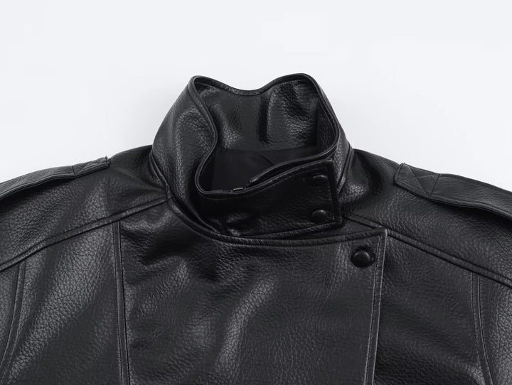 Front view of a women's black high neck leather jacket, a sleek and modern fashion outerwear statement.