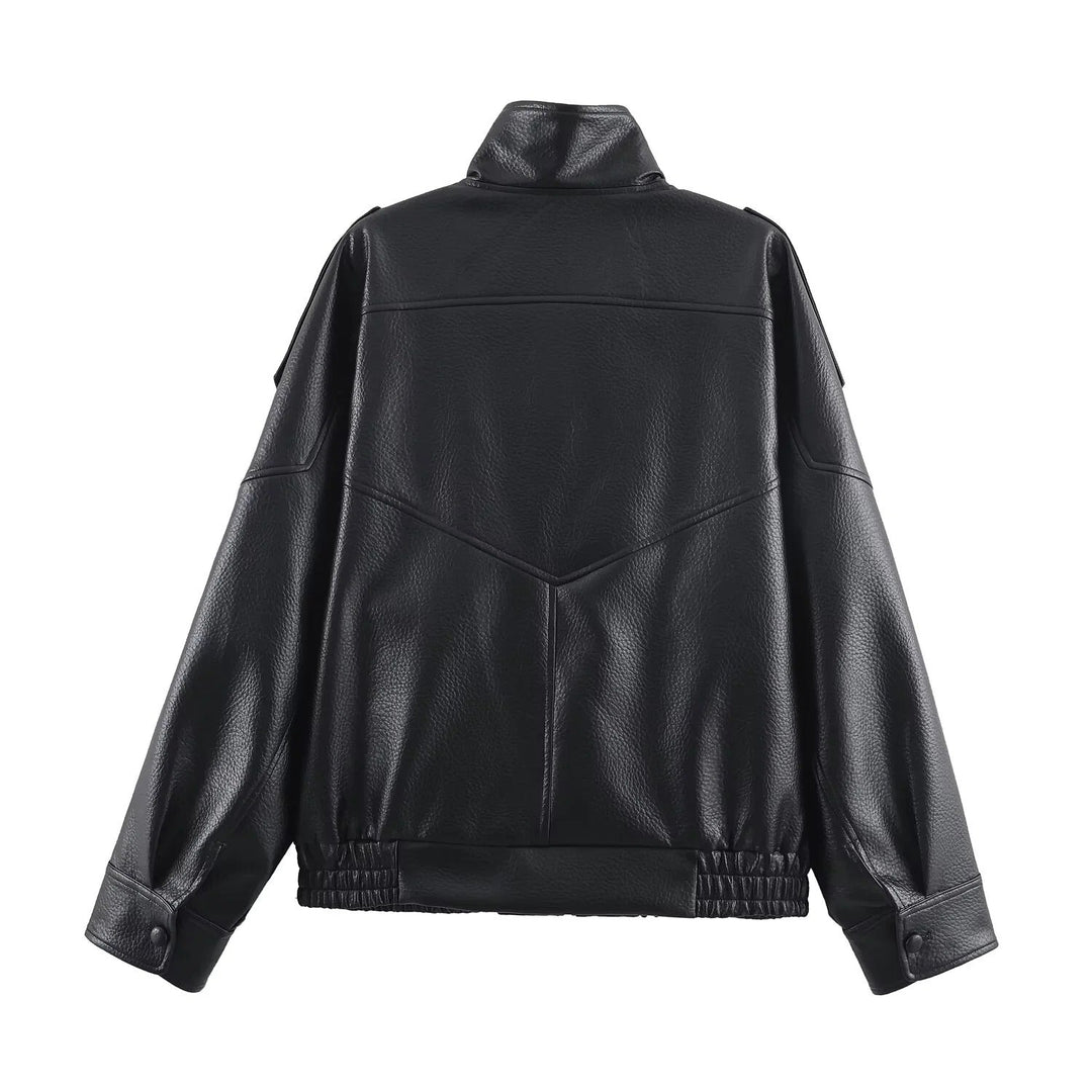 Chic women's black leather high neck jacket, modern fashion statement piece & versatile outerwear.