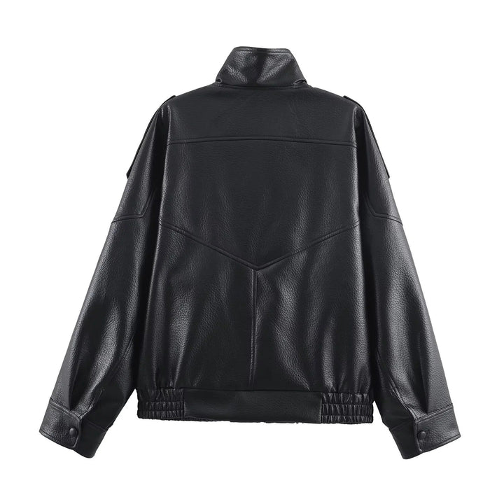 Chic women's black leather high neck jacket, modern fashion statement piece & versatile outerwear.
