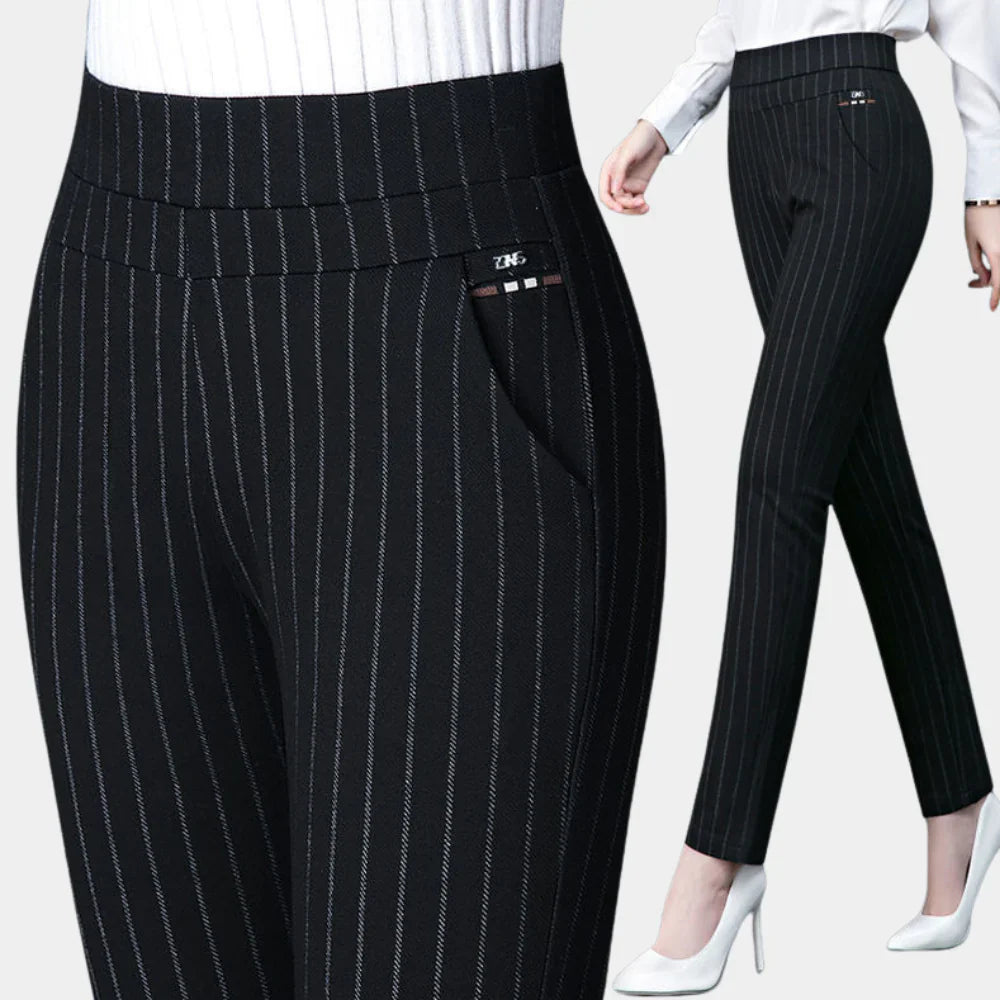 Women's black high-waisted stretch trousers, comfortable for all-season wear.