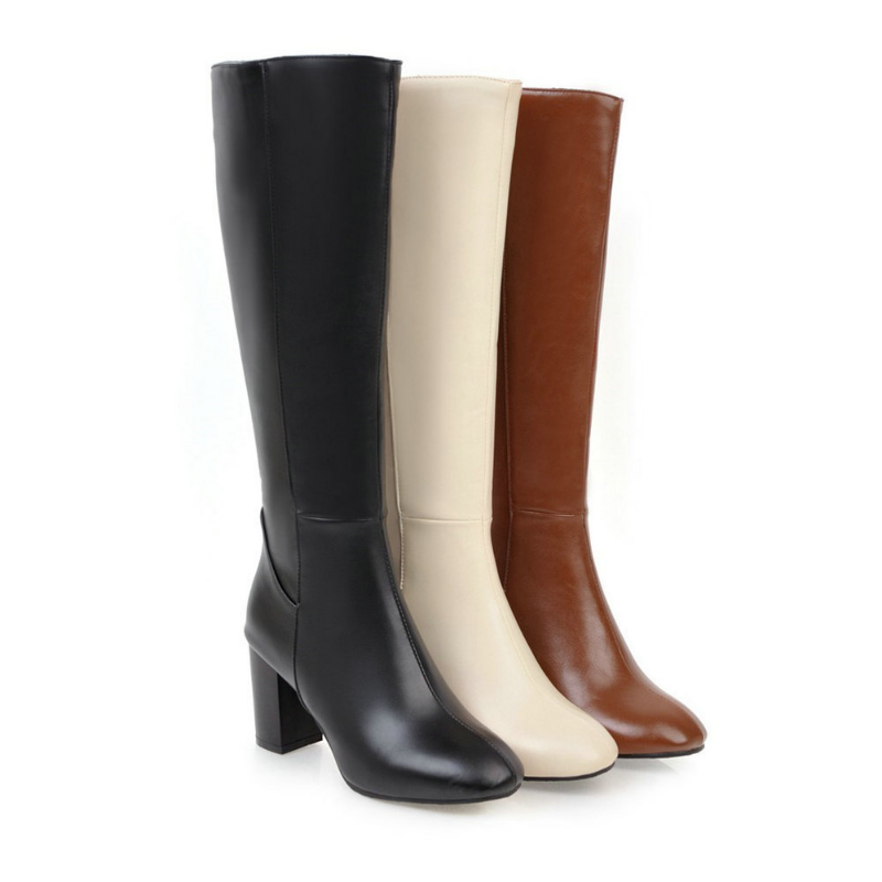 Comfortable and stylish women's tall boots with a side zip and fashionable block heel.