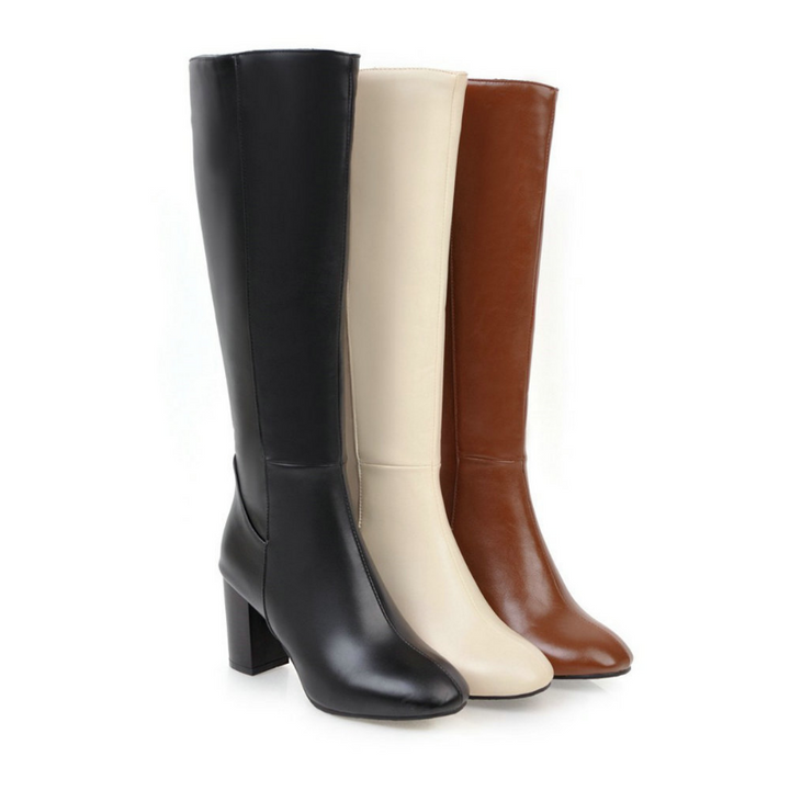 Comfortable and stylish women's tall boots with a side zip and fashionable block heel.