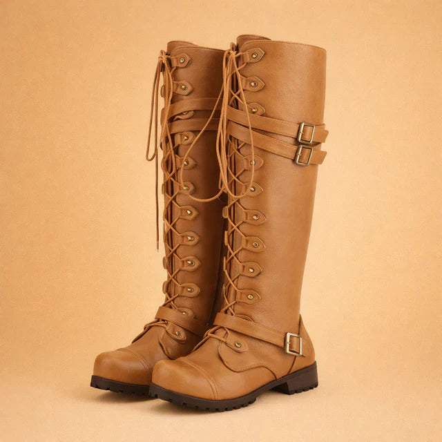 Women's black lace-up over-the-knee boots featuring decorative buckles and side zipper for easy wear.