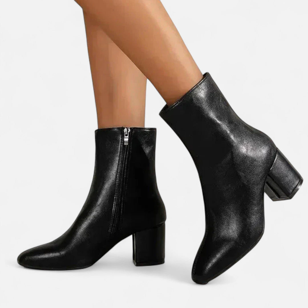 Modern women's block heel boots in smooth, durable leather