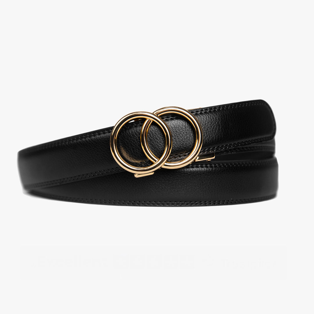 Women's black leather ratchet belt with adjustable fit, perfect for dresses or trousers, a stylish fashion accessory.