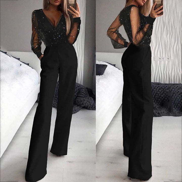 Women's black long sleeve wide leg jumpsuit, perfect for elegant and versatile fashion.