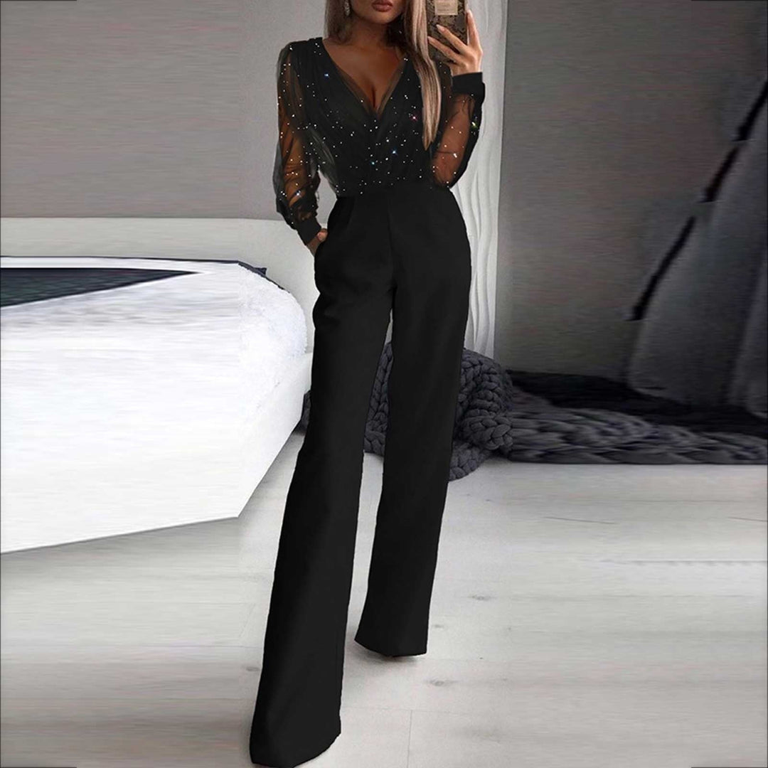 Elegant women's one-piece black wide leg jumpsuit with long sleeves for evening wear.
