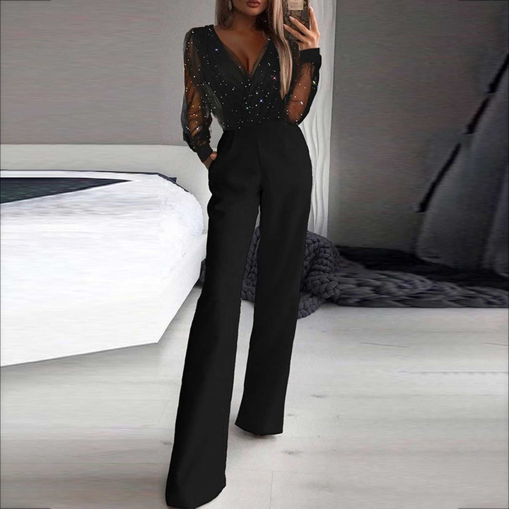 Elegant women's one-piece black wide leg jumpsuit with long sleeves for evening wear.