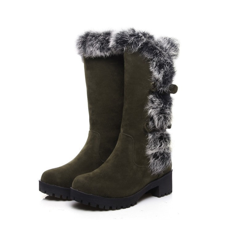 Stylish women's mid-calf boots, faux fur lining, buckle details. Perfect cozy footwear for winter fashion.