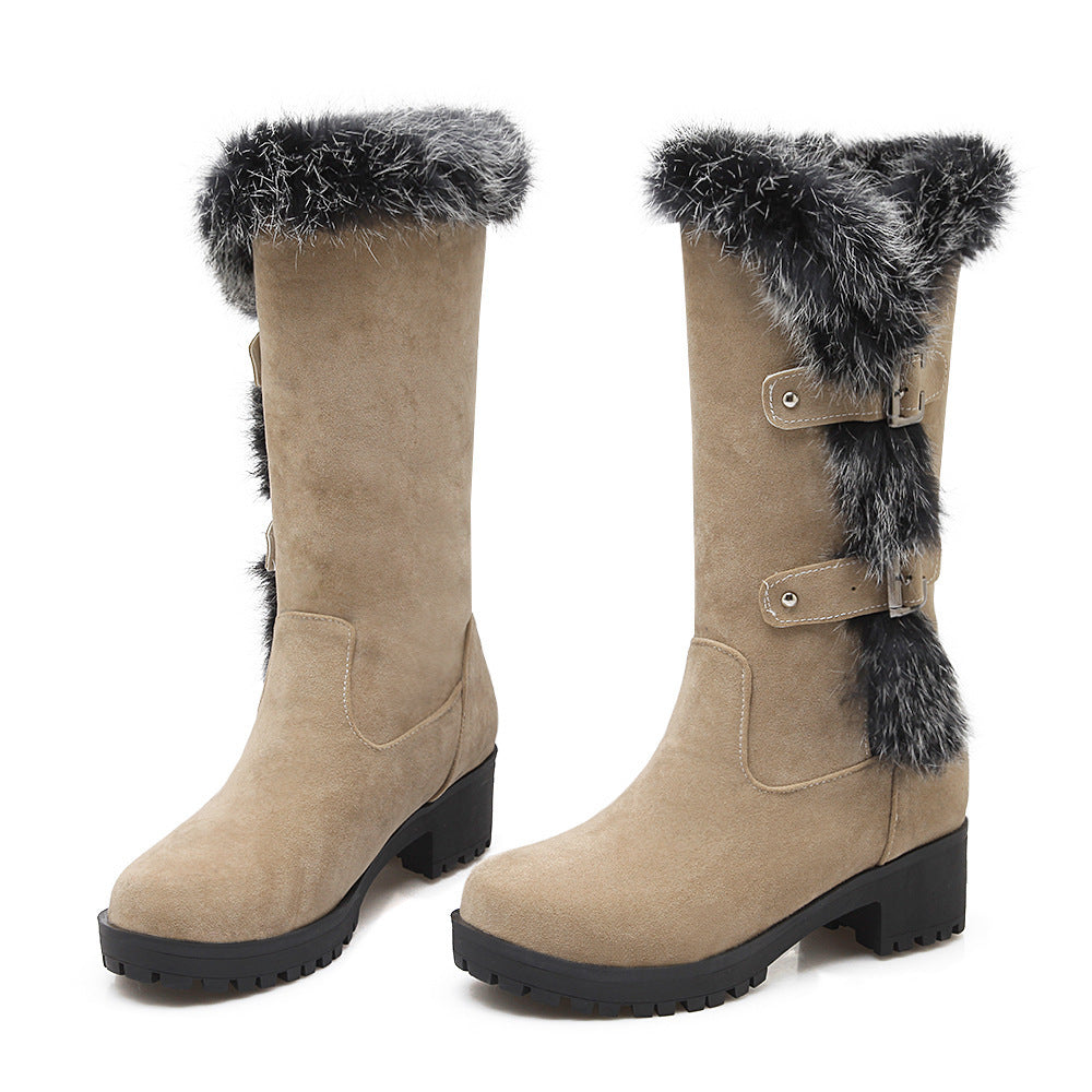 Warm women's mid-calf winter boots. Faux fur collar and buckle straps provide comfort & style in cold weather.