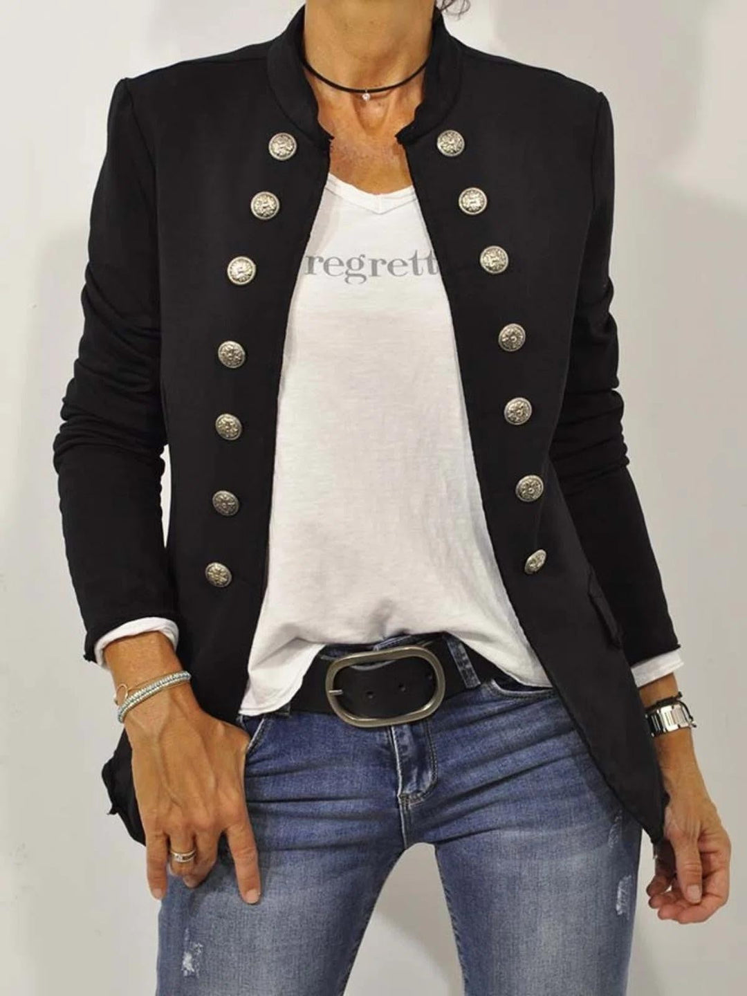 Women's black military style blazer with a stand collar. Stylish & elegant formal jacket, perfect for any occasion.