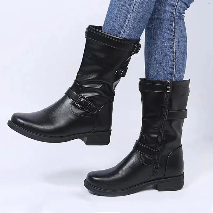 Women's black orthopedic mid-calf biker boots with convenient side zipper and arch support.