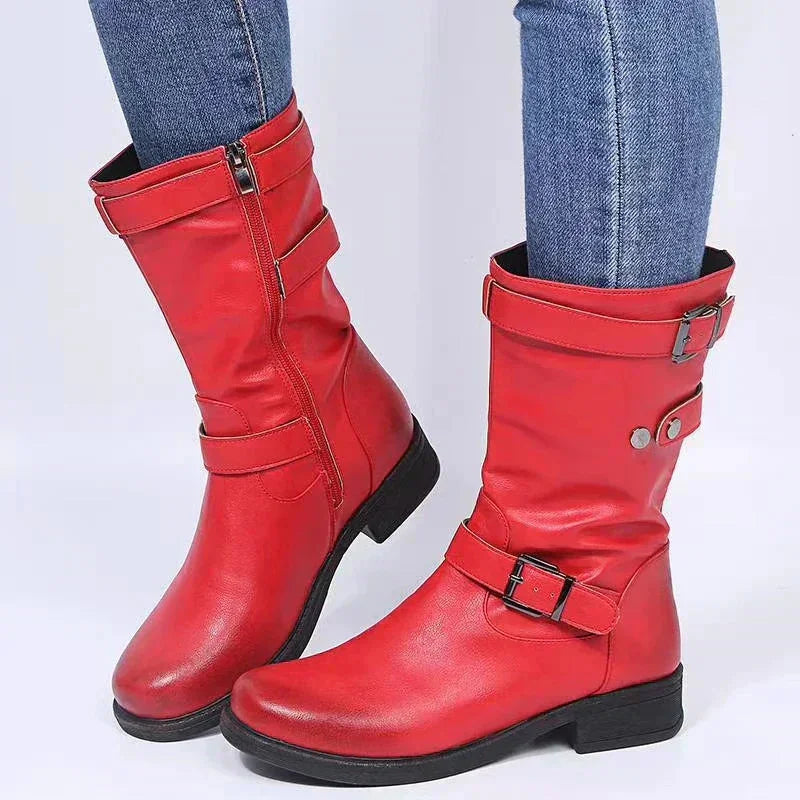 Durable black orthopedic mid-calf biker boots for women, featuring a side zipper for easy wear and comfort.