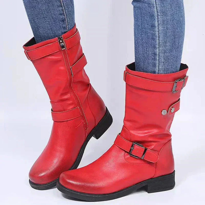 Durable black orthopedic mid-calf biker boots for women, featuring a side zipper for easy wear and comfort.