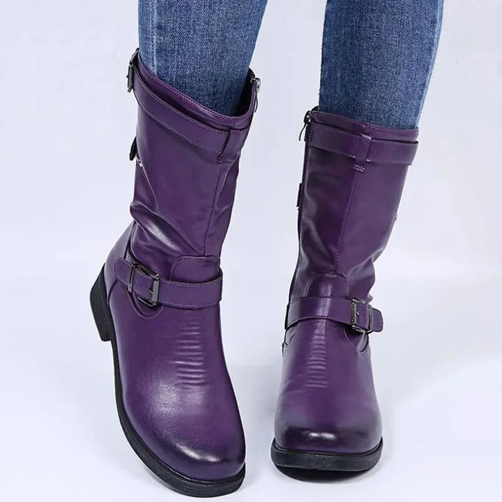 Supportive black women's orthopedic mid-calf boots. Biker style with side zipper, offering all-day comfort.