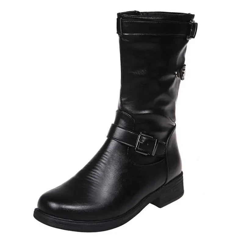 Fashionable black mid-calf biker boots for women. Orthopedic design, arch support, and side zipper for comfort.