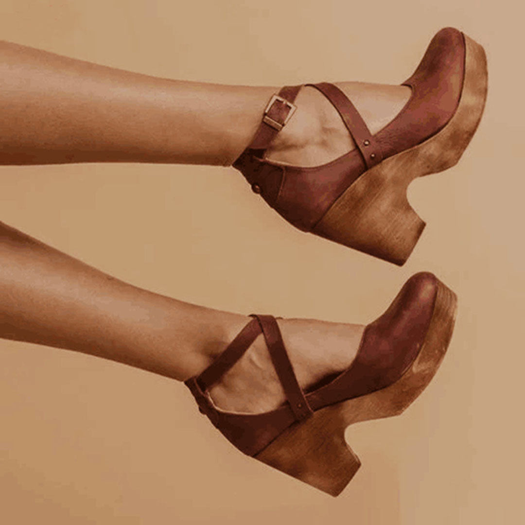 Chunky brown platform heels for women with orthopedic foot support & stylish ankle strap design.