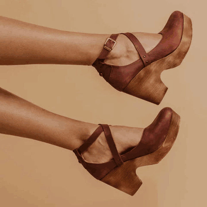 Chunky brown platform heels for women with orthopedic foot support & stylish ankle strap design.