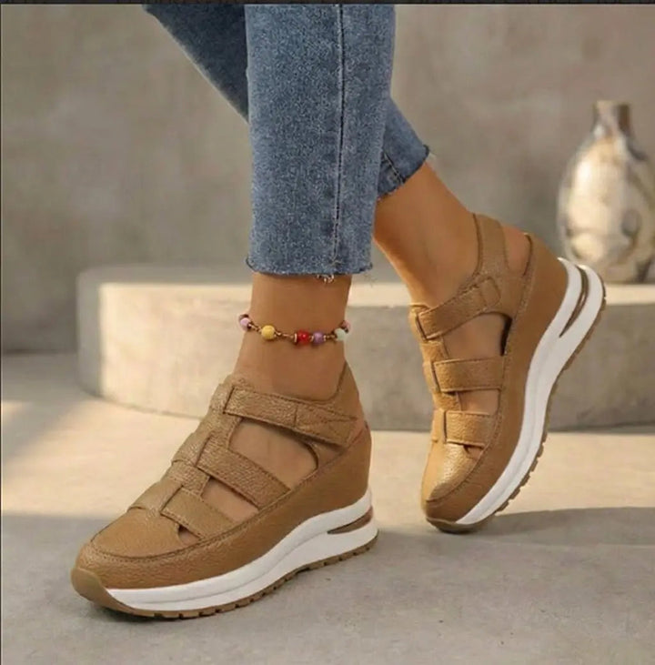 Mocha women's orthopedic platform trainers, closed-toe with stylish cutouts, designed for casual wear & supportive comfort.