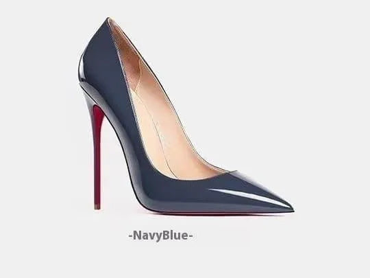 View from the front of women's patent pointed toe stiletto heels, 4.75 inch.