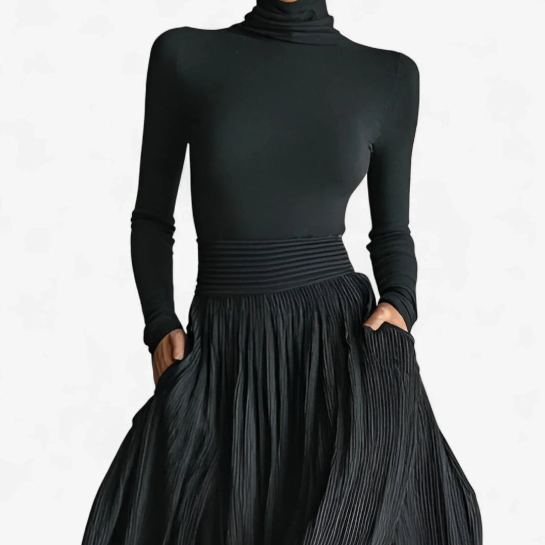 Chic women's black pleated maxi dress, long sleeve, turtleneck, and elegant high slit. Ideal for formal events.