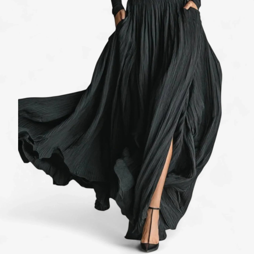 Sophisticated women's black turtleneck maxi dress, long sleeves & elegant pleats for formal or evening occasions.