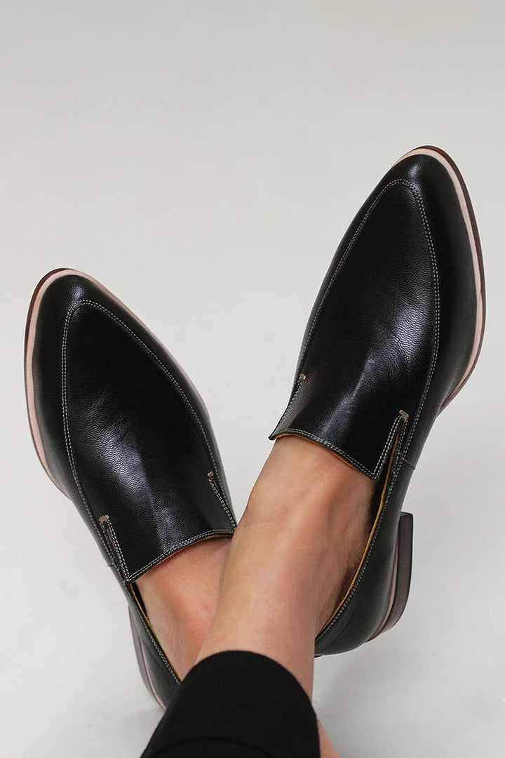 Women's black pointed toe slip-on loafers, perfect for elegant casual or dressy everyday work style.
