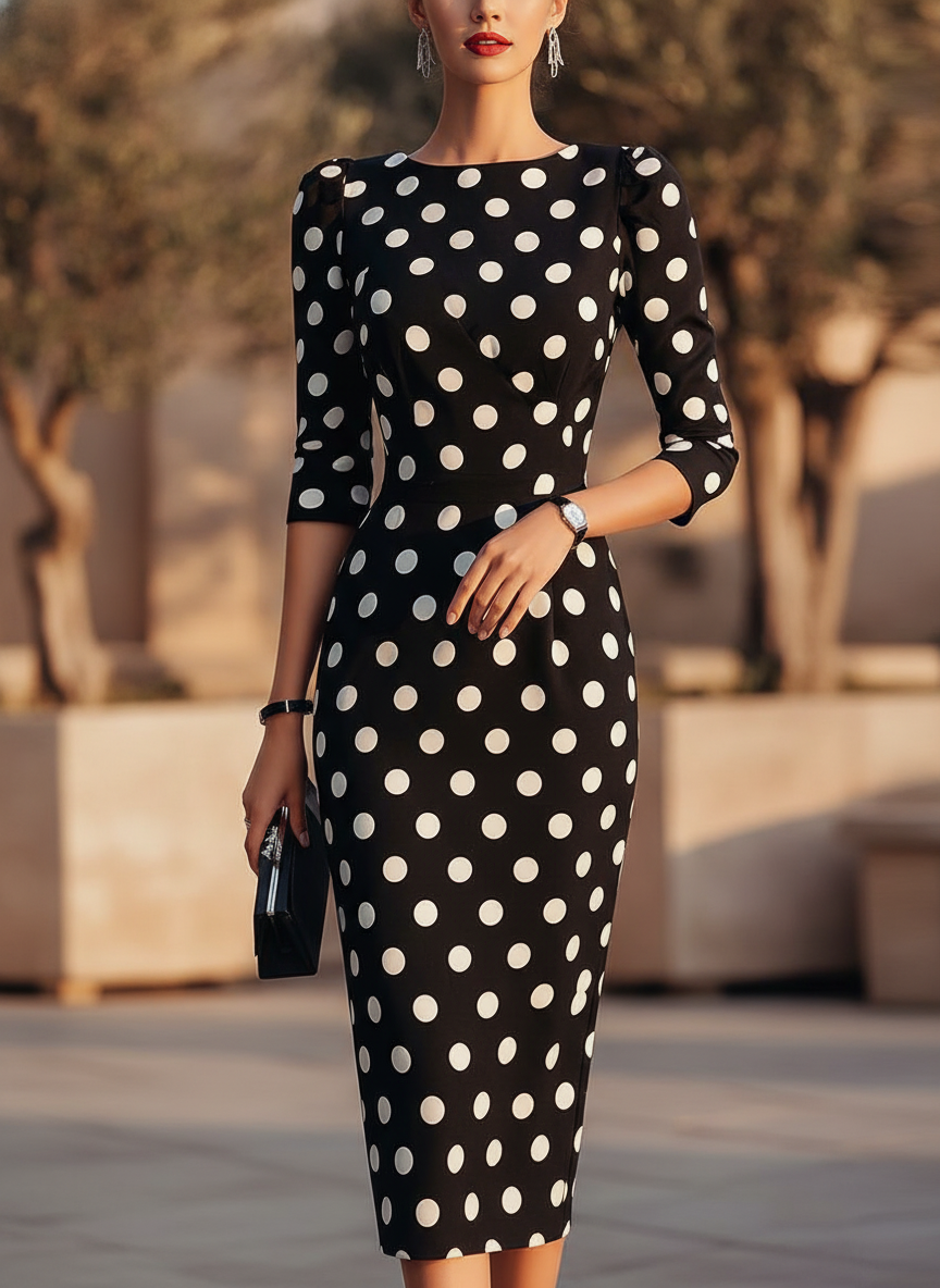 Women's black polka dot halter neck bodycon midi cocktail dress. Perfect for weddings & special occasions.