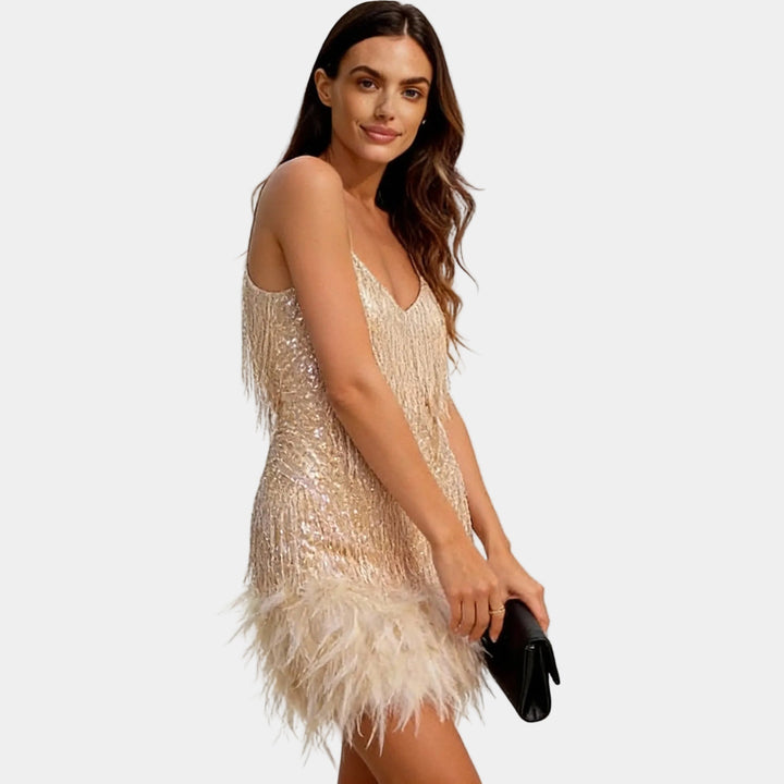 Special occasion dress: sequin and feather mini for evening elegance.