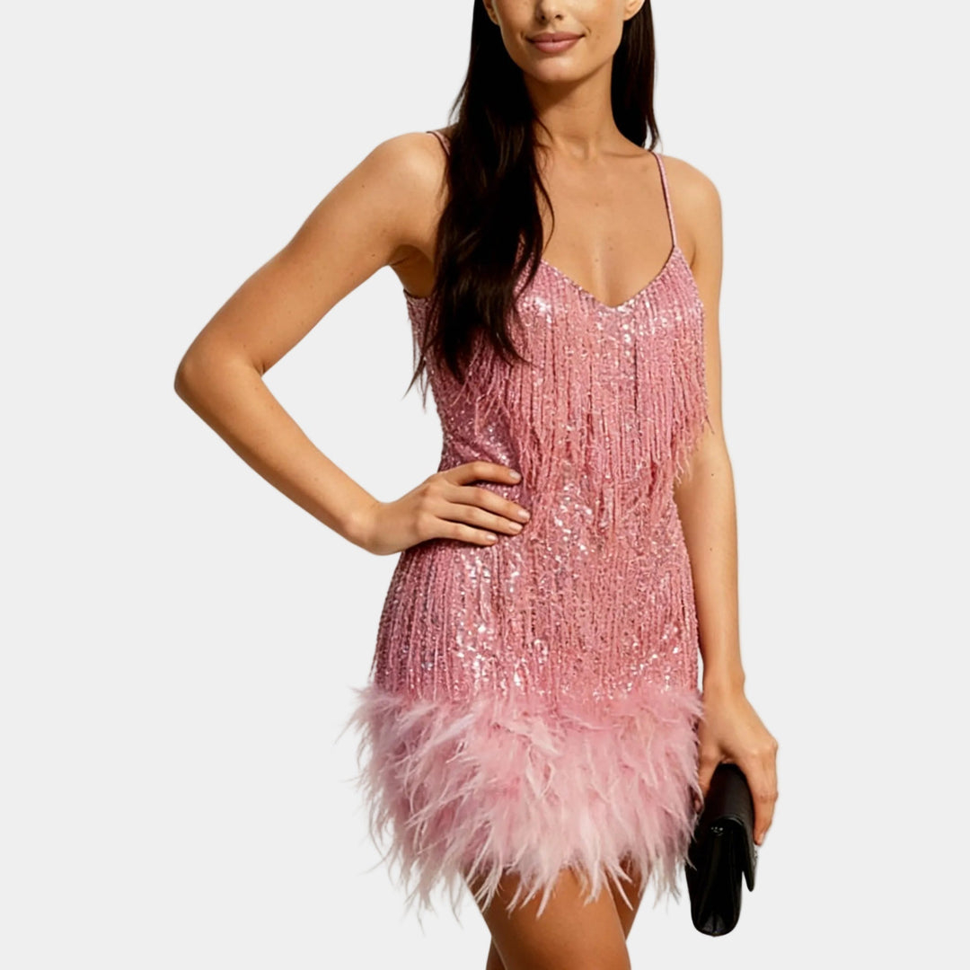 Flirty and festive sequin feather short dress for night events.