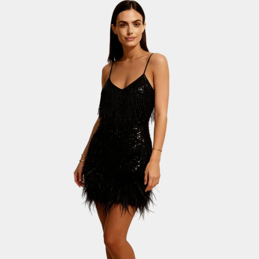 Sparkling sequin mini dress with luxurious feather trim, women's fashion.