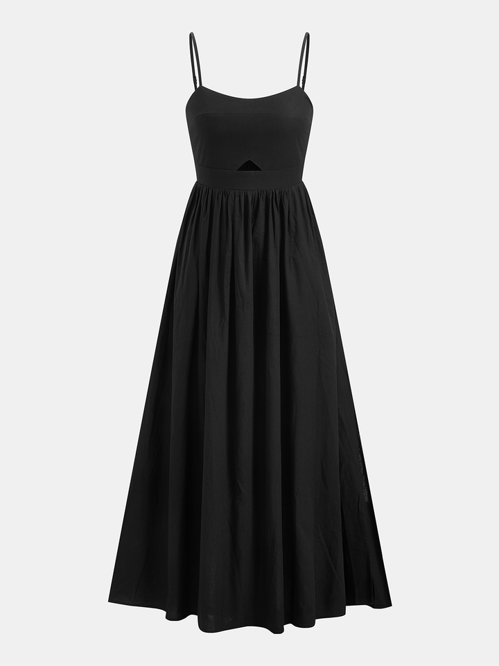 Stylish sleeveless midi dress for women, black, with a flattering cutout and practical pockets.