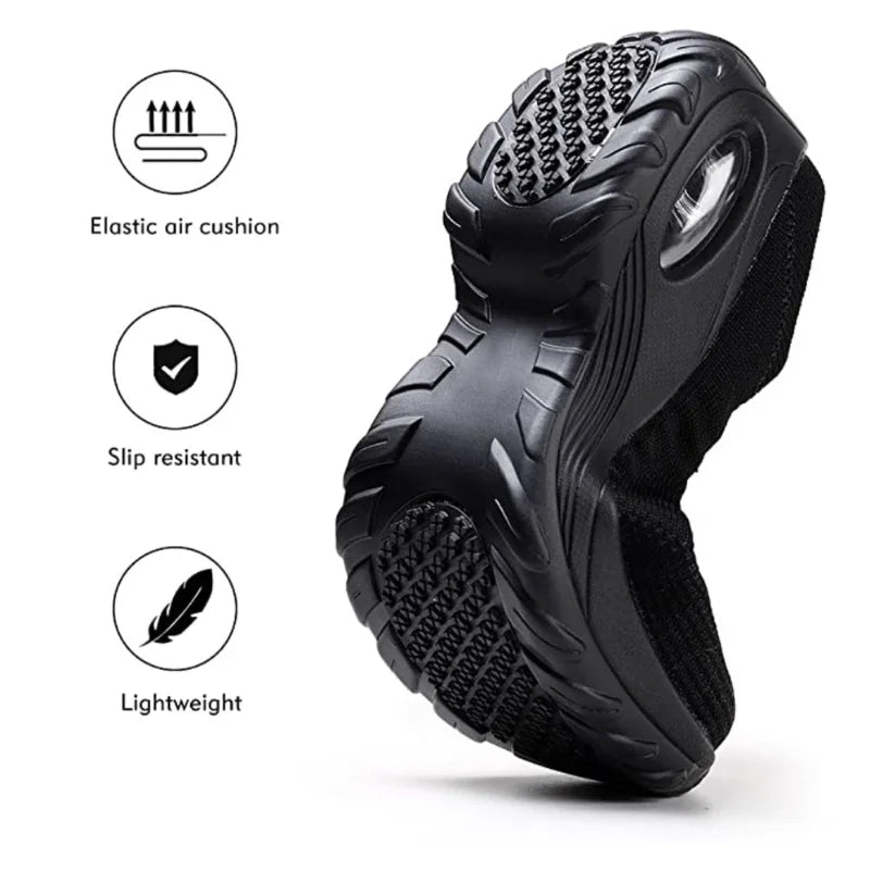 Women's black slip-on sneakers with air-cushion sole, providing excellent arch support & cushioning.