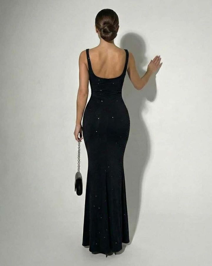 Chic black square neck slim fit maxi dress for women. Perfect occasion & party wear.