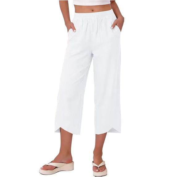 Women's black stretch wide leg capri trousers, perfect for casual summer comfort.
