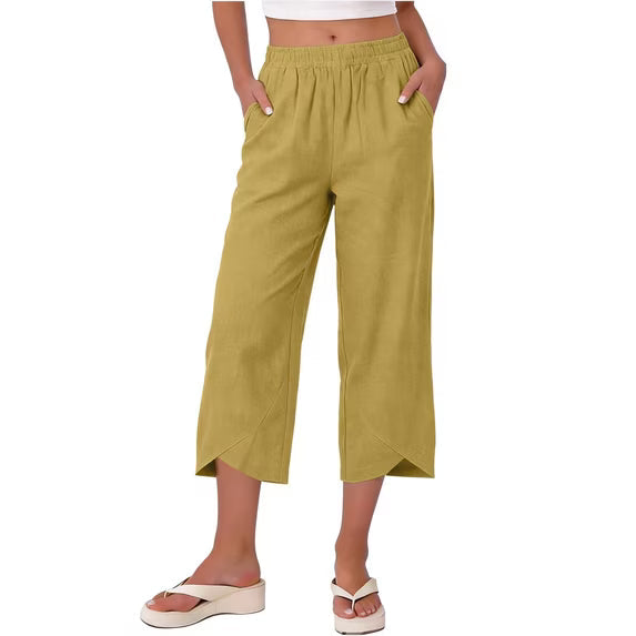 Side view of women's comfortable wide leg capri trousers, highlighting the relaxed fit.