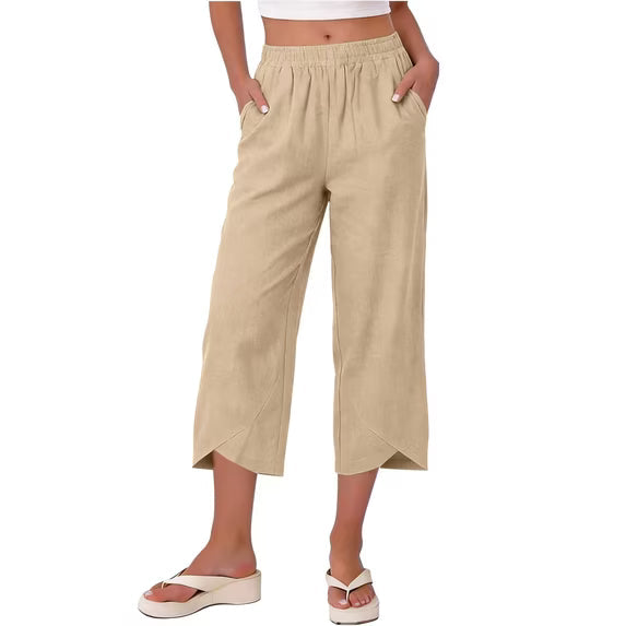Women's comfortable white stretch wide leg capri trousers for versatile summer style.