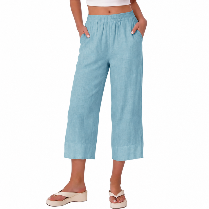 Folded women's wide leg stretch capri trousers, showcasing the soft fabric and casual design.