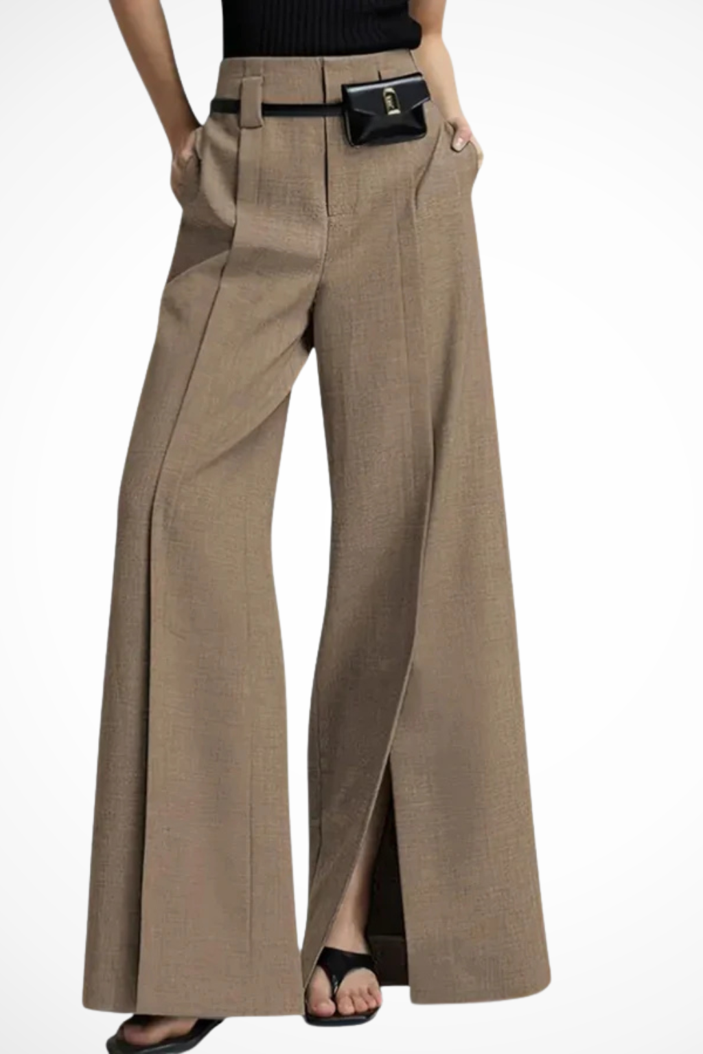 Women's black tailored wide leg trousers with pouch belt, high waisted, perfect for office or chic casual wear.