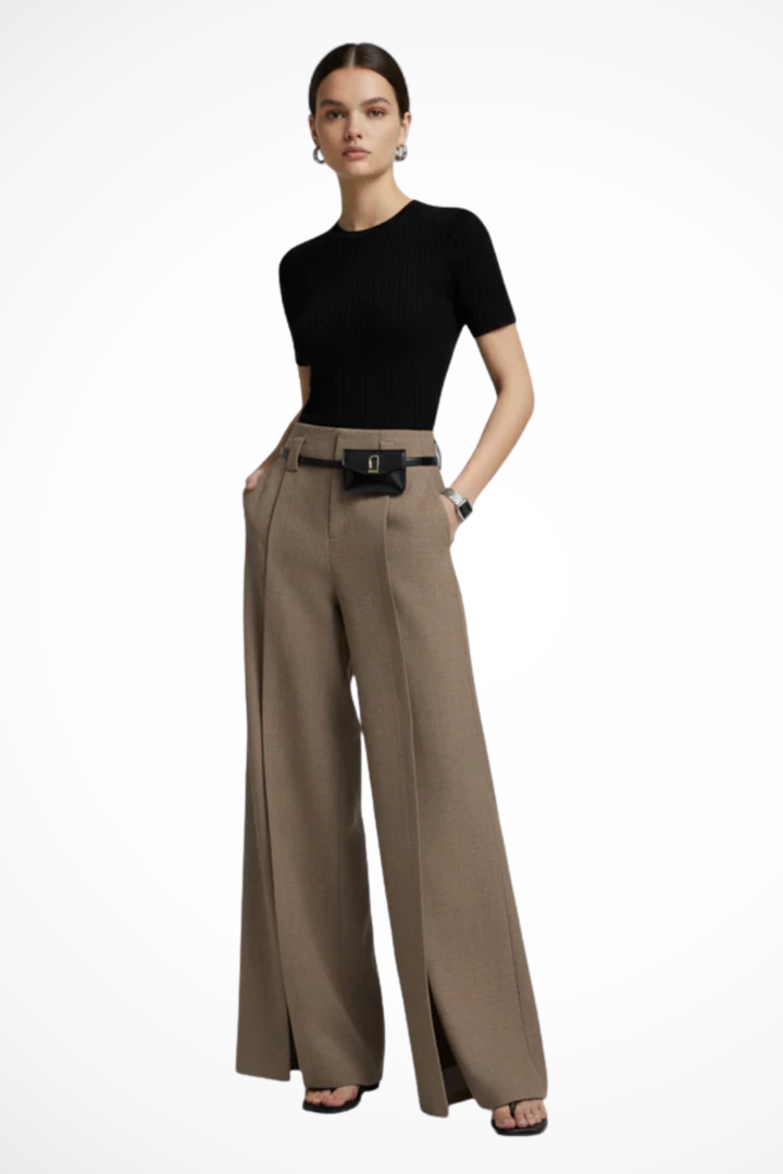 Stylish black women's wide leg trousers, tailored fit with a unique detachable pouch belt. Elegant formal pants.