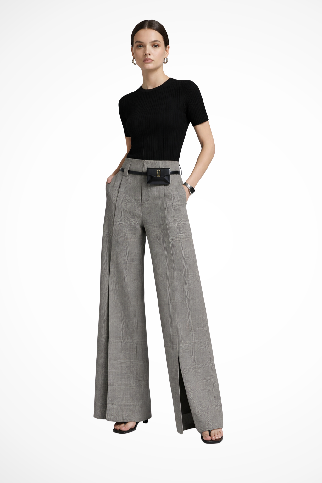 Back view of women's tailored wide leg trousers, highlighting comfortable fit and elegant silhouette. Ideal for work.
