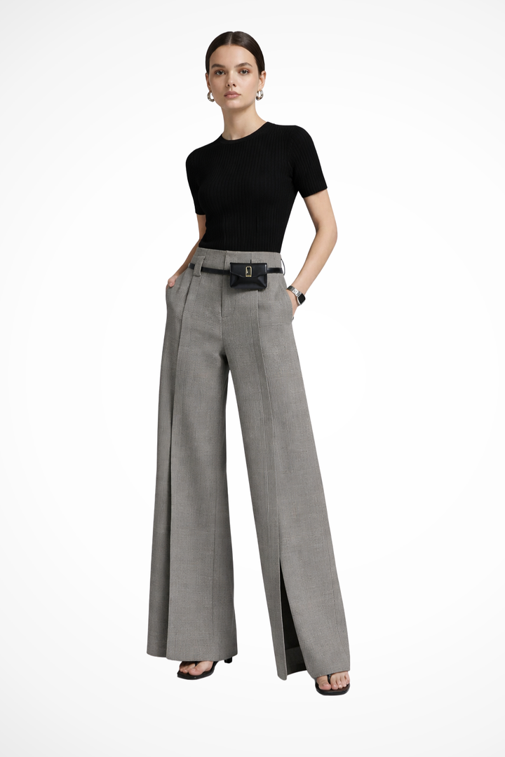 Back view of women's tailored wide leg trousers, highlighting comfortable fit and elegant silhouette. Ideal for work.