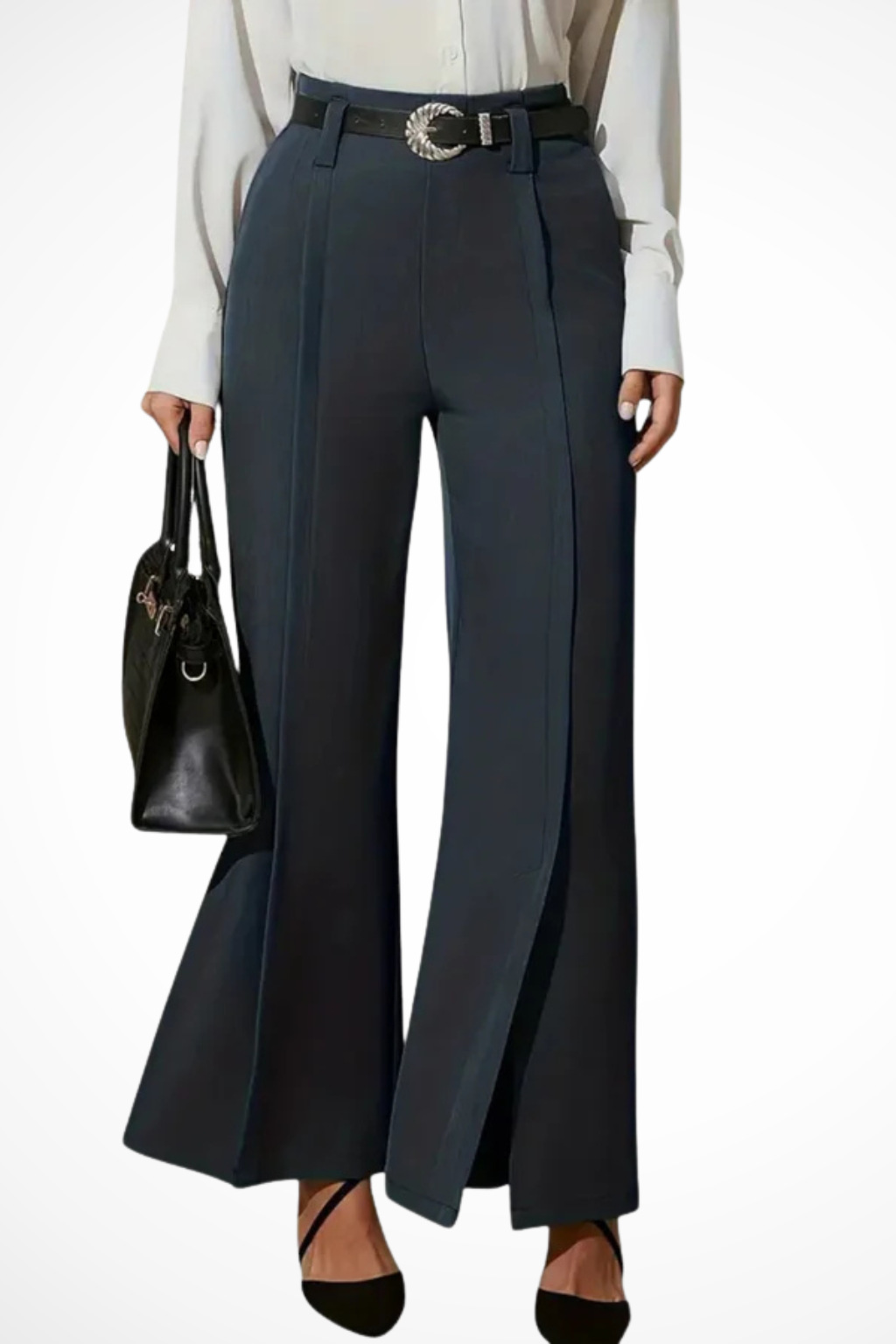 Versatile black wide leg trousers with pouch belt, styled for a smart casual look, women's fashion pants.