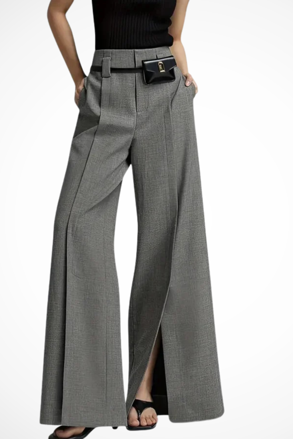 Women's formal black wide leg trousers with elegant pleats and a chic pouch belt, perfect for professional office wear.