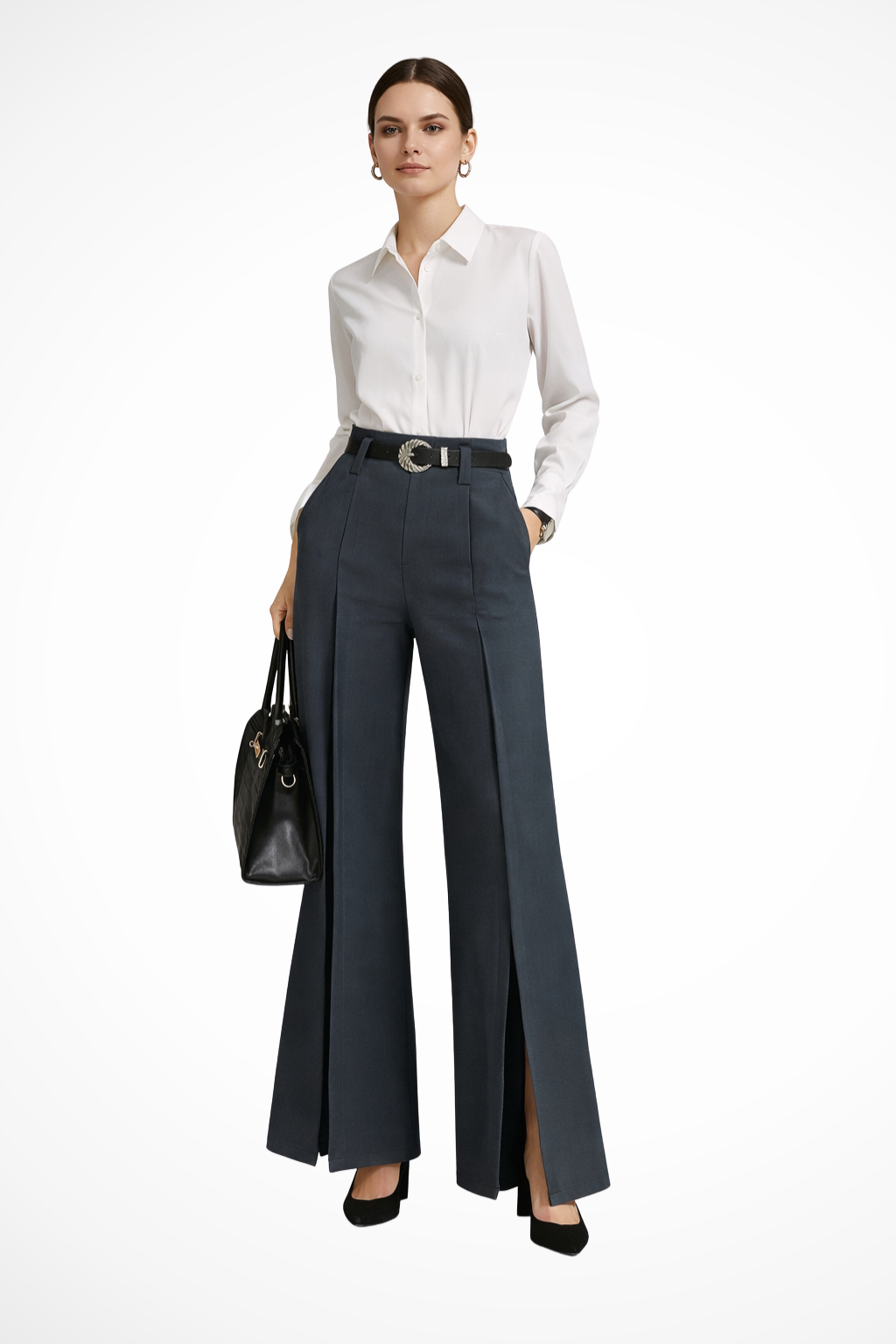 Detail shot of the quality fabric and tailored pleats on women's high-waisted wide leg trousers. Durable & stylish.