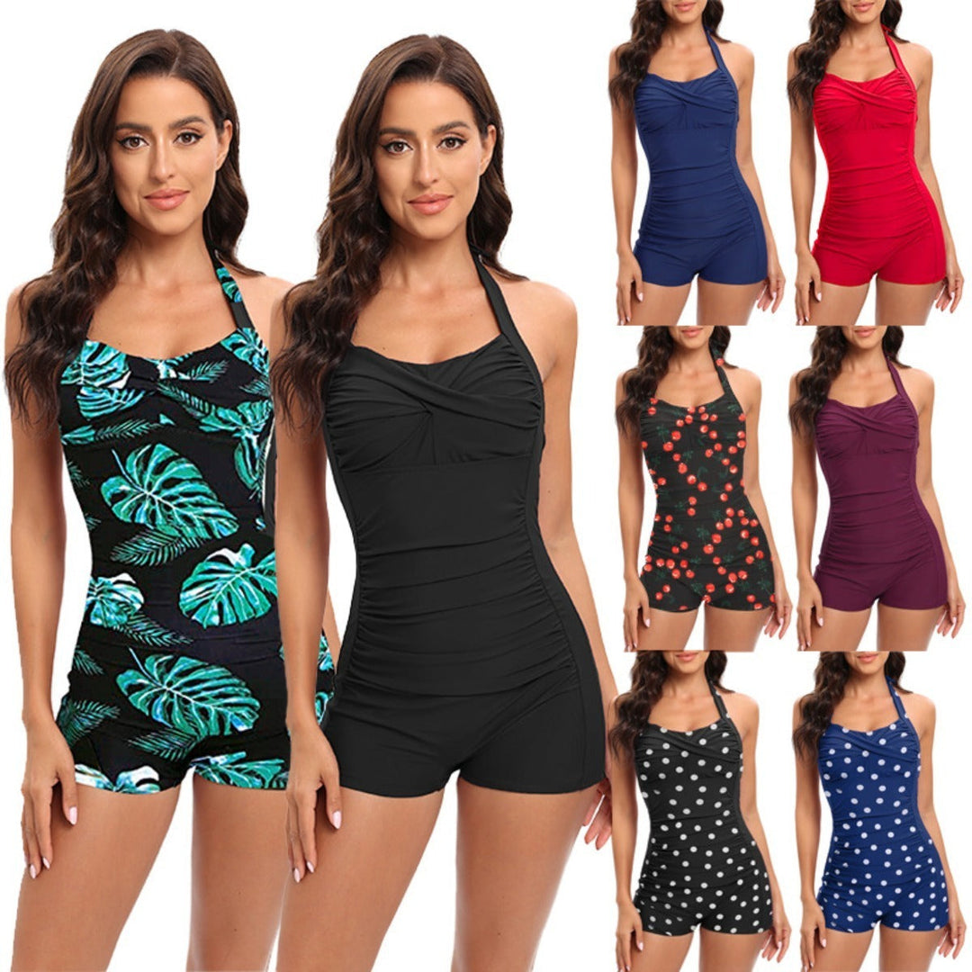 Women's black tummy control one-piece sports swimsuit with V-neck