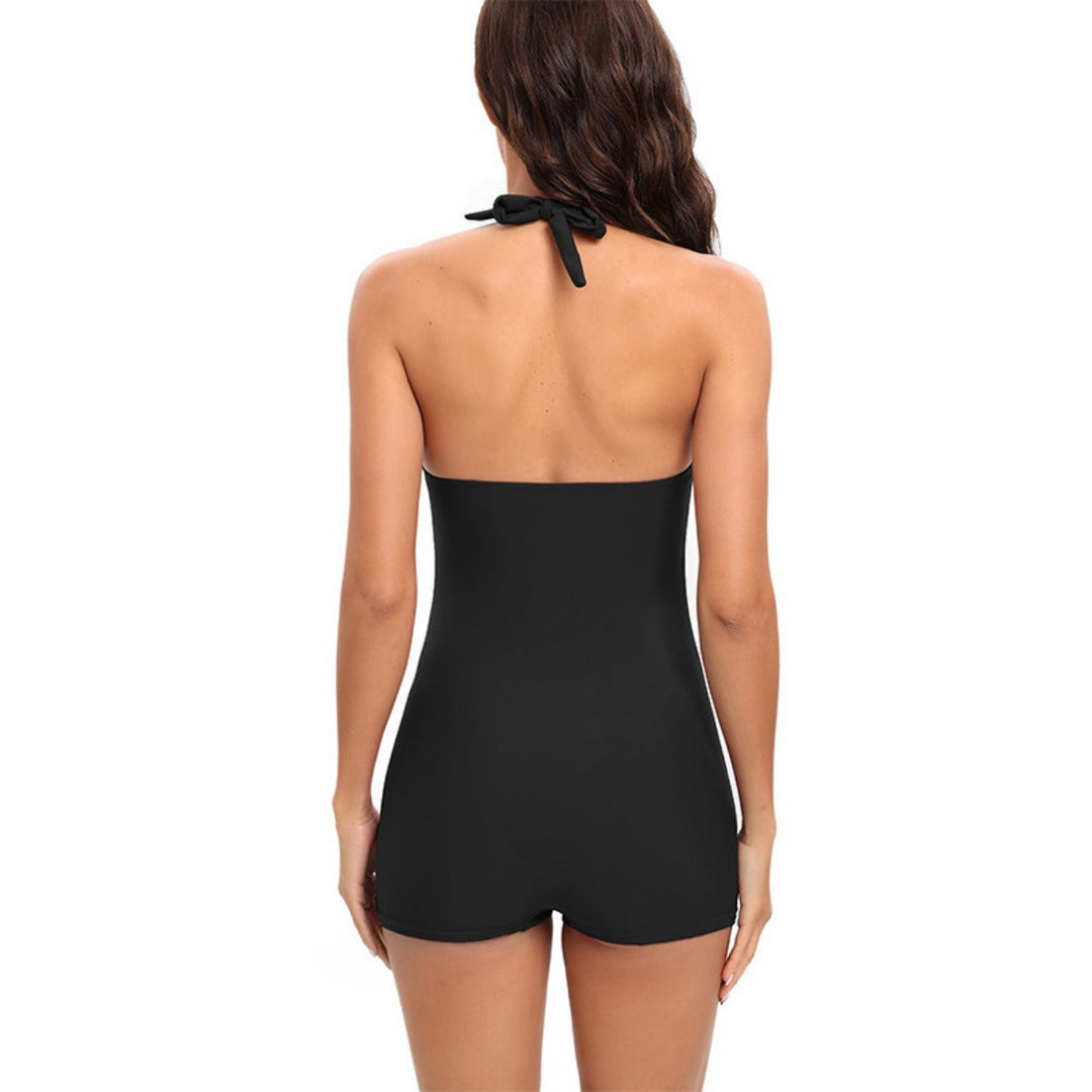 Sporty one-piece swimsuit in Green Leaves with tummy shaping