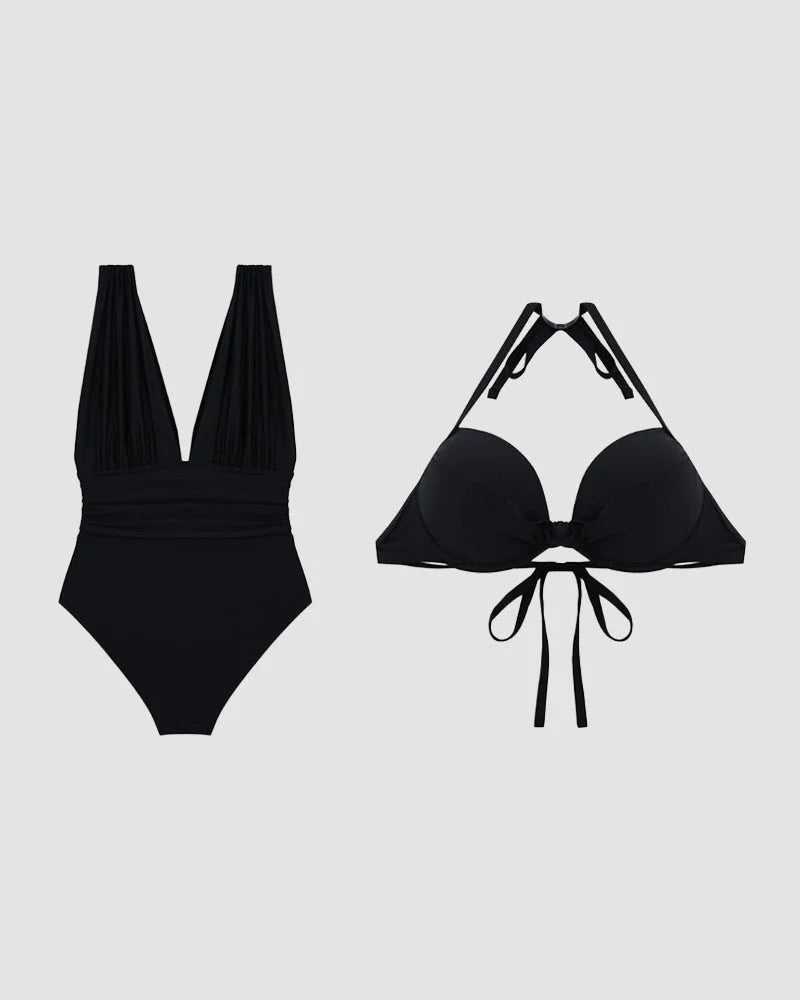 Vacation-ready women's tummy control V-neck swimsuit with midriff cut-out, offering elegant beach style.
