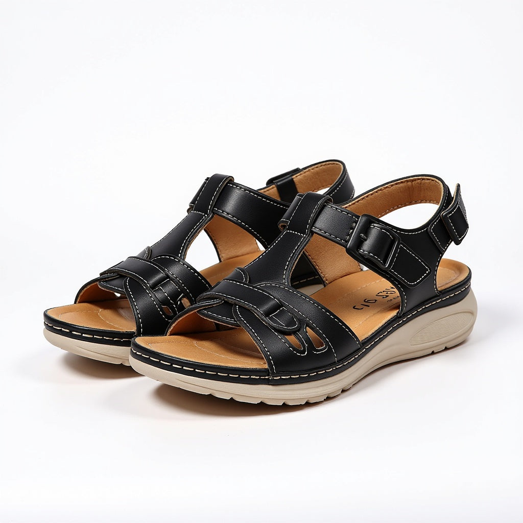 Brown women's travel sandals with arch support and contoured footbed for all-day comfort.