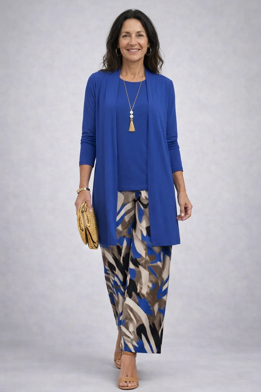 Women's blue 3-piece outfit: abstract print long cardigan, pullover top & wide-leg pants. Comfortable spring/summer loungewear.